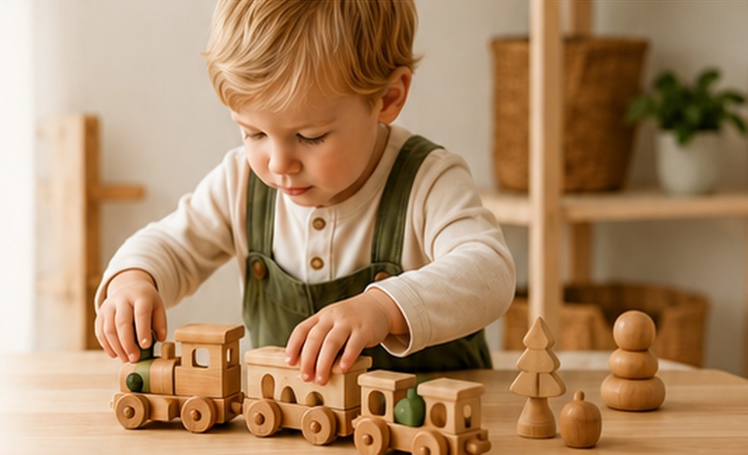 Kind speelt met houten speelgoed